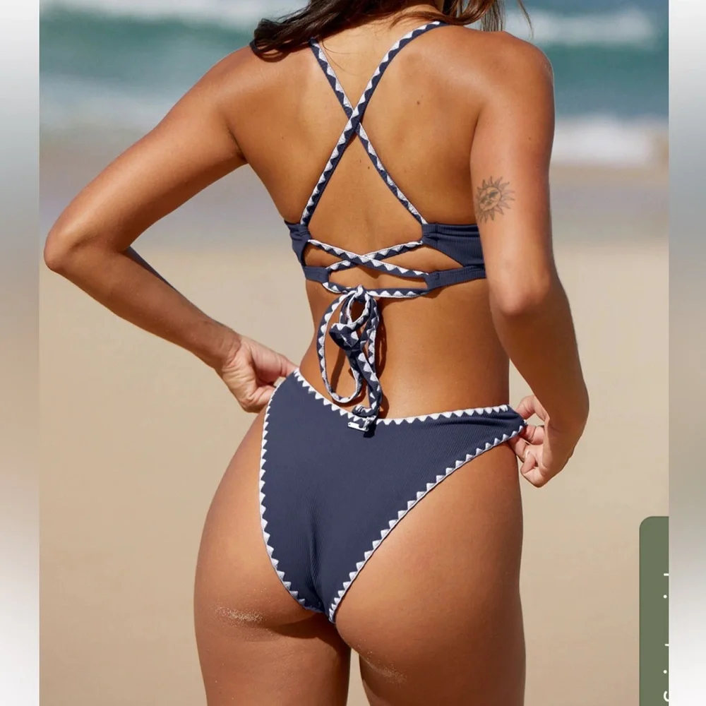 Berlook Navy Blue Contrast Stitch Bikini Set, NWT